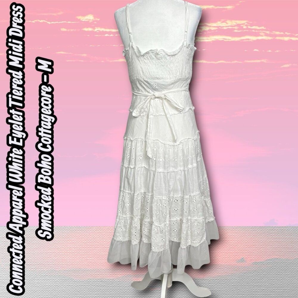 Like New Connected Apparel White Eyelet Tiered Midi Dress Smocked Boho Cottageco - Picture 8 of 9